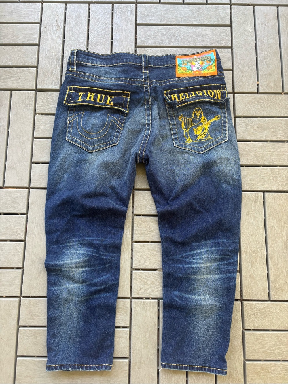 True Religion Men’s Dark Blue Jeans with Yellow Embroidery Back Pockets